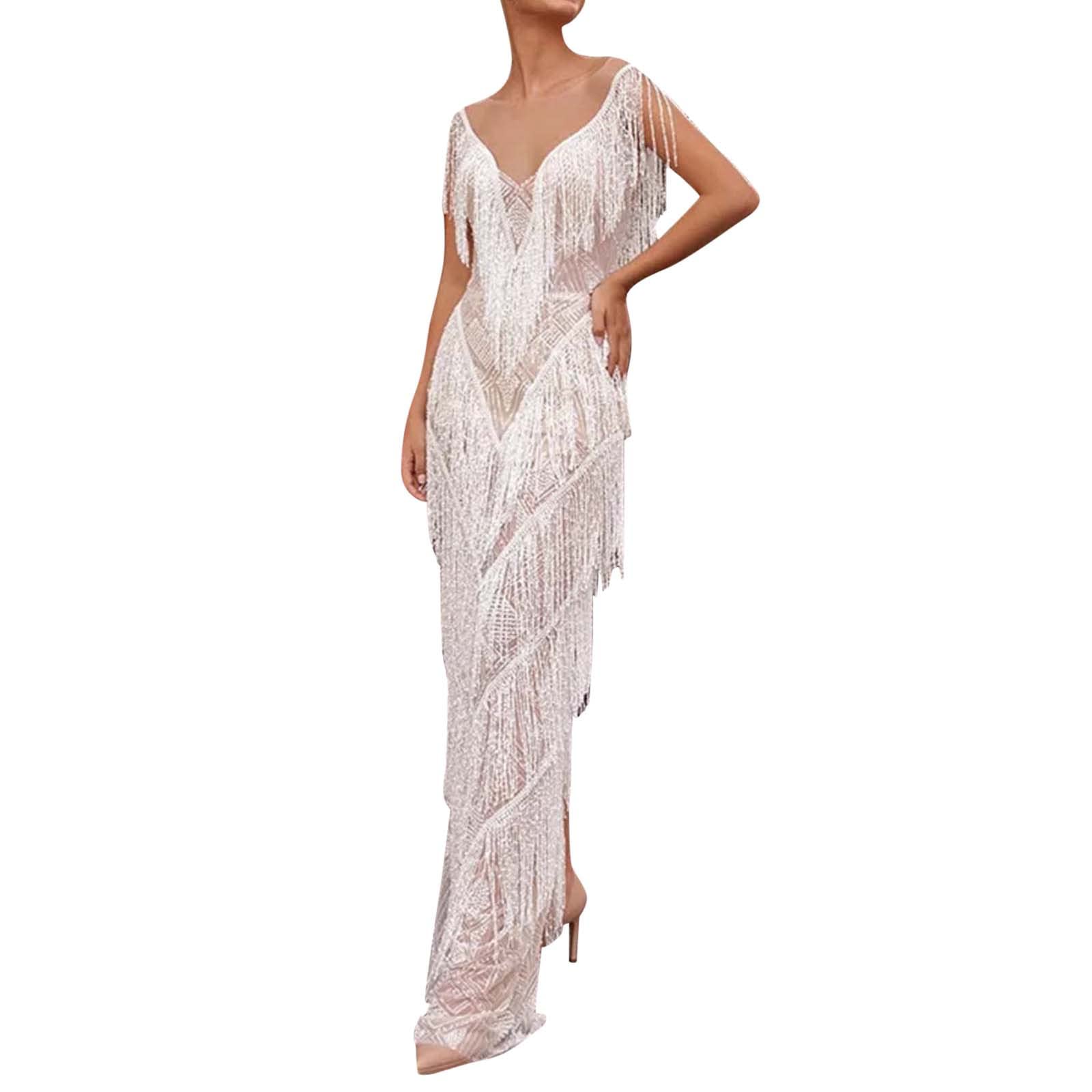 Fransenkleid Damen Weiß, Abendkleid Kurze Pailletten, Ballkleid Ärmelloses Quaste Maxikleid Einfarbig Tiefer V-Ausschnitt Glitzerkleid Kleid Sexy Tanzkleid Club Kleider Partykleid Cocktailkleid