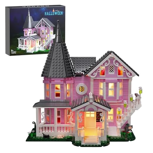 Pink Palace House Building Set with Lights, Halloween Haunted House Blocks Toy, Halloween House Kit for Kids Adults, Compatible with Lego, Christmas for Girls and Boys, Aged 8+ (1349PCS)