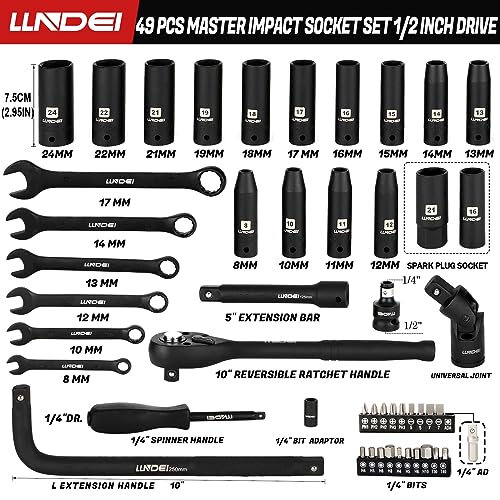 Image of LLNDEI 1 /2 inch Dr. Ratchet Impact Socket Wrench Set,Deep Sockets(8-24mm),Spark Plug Socket(16,21mm),49PCS, CR-V, Metric, With Combination Wrenches (8-17mm)