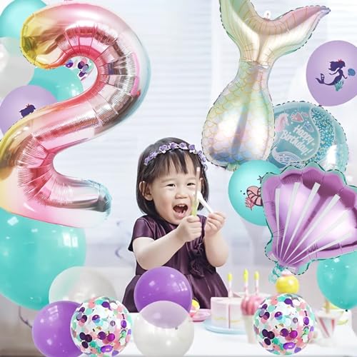 Image of Mermaid Birthday Decorations Mermaid Balloons - Number 2 Balloons for Girls Under The Sea Mermaid Theme Baby Shower Birthday Favors
