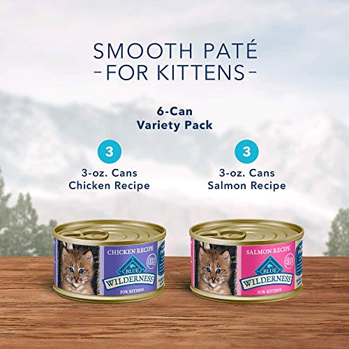 Blue Buffalo Wilderness High Protein Grain Free, Natural Kitten Pate Wet Cat Food Variety Pack, Chicken, Salmon 3-Oz (6 Count- 3 Of Each Flavor) #TOP2