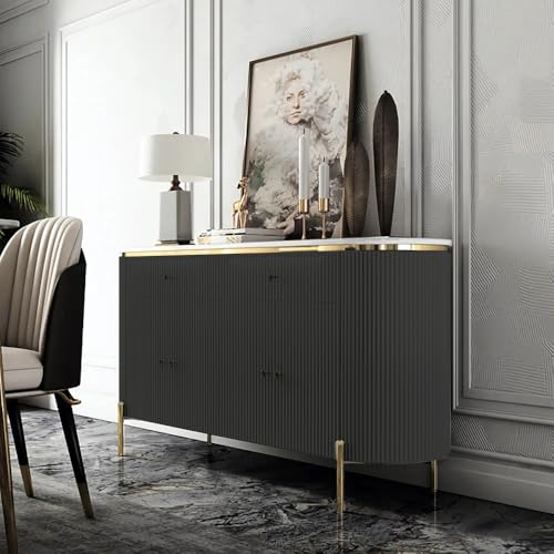 Image of Modern Console Table, 55 x 15 x 30 inch, White Ribbed Design, Marble Top, Gold Accents, 4-Door Storage Cabinet, Waterproof Plywood, PVD-Coated Legs, Elegant Entryway (Black)