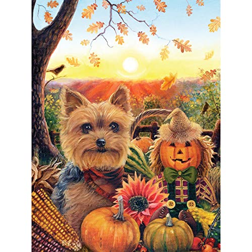 Bits and Pieces – Rompecabezas de 500 piezas para adultos – Amanecer de calabaza Yorkie - Perro cachorro Otoño maíz espantapájaros, diseño de la artista Brooke Faulder, tamaño final 18" x 24" miniatura 2