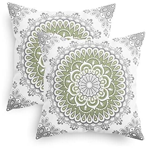 CaliTime Pack of 2 Cozy Fleece Throw Pillow Cases Covers for Couch Bed Sofa Farmhouse Decoration Dahlia Floral Medallion Compass Mandala Style 45cm x 45cm Sage Green Grey Cover