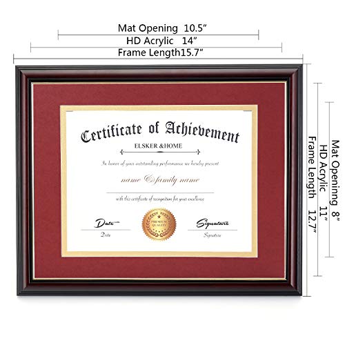 Image of ELSKER&HOME 8.5x11 Diploma Frame with Red Mat,Real Wood Reddish | Document Frame Matte Reddish Brown Frame for Certificates Sized 8.5x11with Mat and 11x14 Without Mat (Red with Golden Rim)