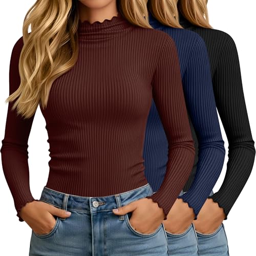 Oakgarden 3 Pack Women's Turtleneck Cotton Shirts, Long Sleeve