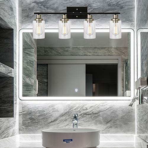 MELUCEE 4-Light Modern Vanity Lights with Clear Glass Shade, Black Bathroom Lighting Fixtures Over Mirror Brushed Nickel Wall Mount Lamp for Bedroom Vanity Table Mirror Cabinets
