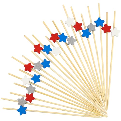 100PCS Star Cocktail Picks 4.7 Inch Red White Blue Patriotic Toothpicks Bamboo Appetizer Toothpicks Food Picks for 4th of July Independence Day Party Food Decoration Supplies(Star)