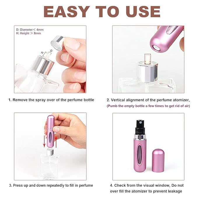 Step-by-step guide showing how to refill the perfume atomizer from a larger perfume bottle.
