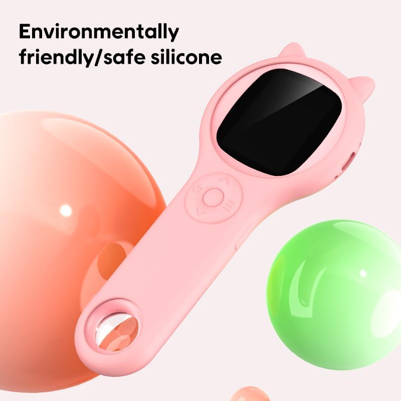 Pink GinoCaco microscope surrounded by colorful, smooth spheres, emphasizing its environmentally friendly and safe silicone construction.