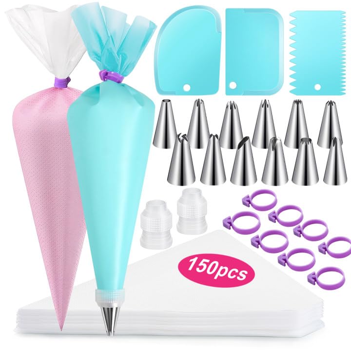 AMOHEE Juego de 176 bolsas pasteleras y puntas, incluye 150 bolsas de tuberías antiexplosión de 11.8 pulgadas, 1 bolsa de repostería reutilizable, 12 puntas de tubería, 8 lazos para bolsas de