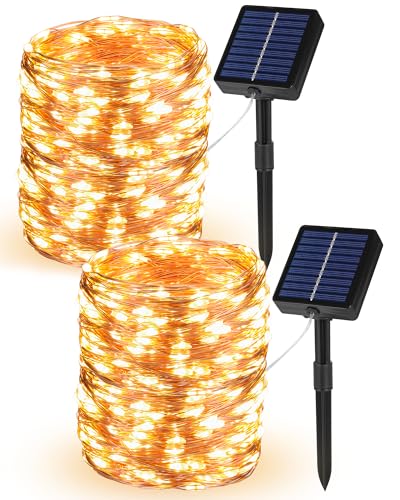 NWPUSZ Lot de 2 Guirlande Solaire Extérieur, Total 20M 200LED Guirlande Lumineuse Étanche IP65, 8 Modes Minuteur Fonction Mémoire Fil de Cuivre Décoration...