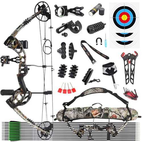 Kit Arco Compound 30-70lbs Regolabile Arco Composto Set Arco da Caccia con Accessori Arco e Frecce in Carbonio(Camo)