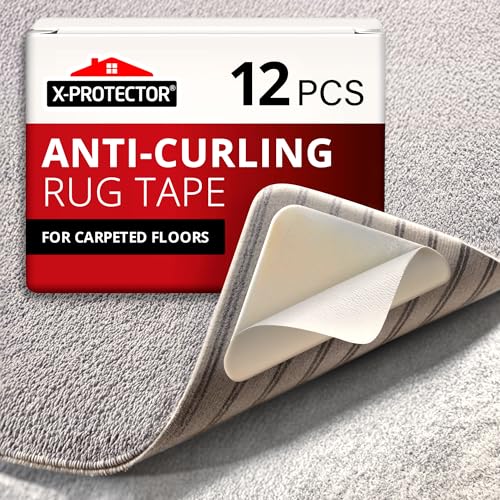 X-Protector Rug Tape for Carpet - 12 Pcs Set - White Anti-Slip & Anti-Curling Carpet Tape for Rugs - Premium Rug Pad Gripper - Ideal Carpet Corner Grippers to Keep Your Rugs & Make Corners Flat