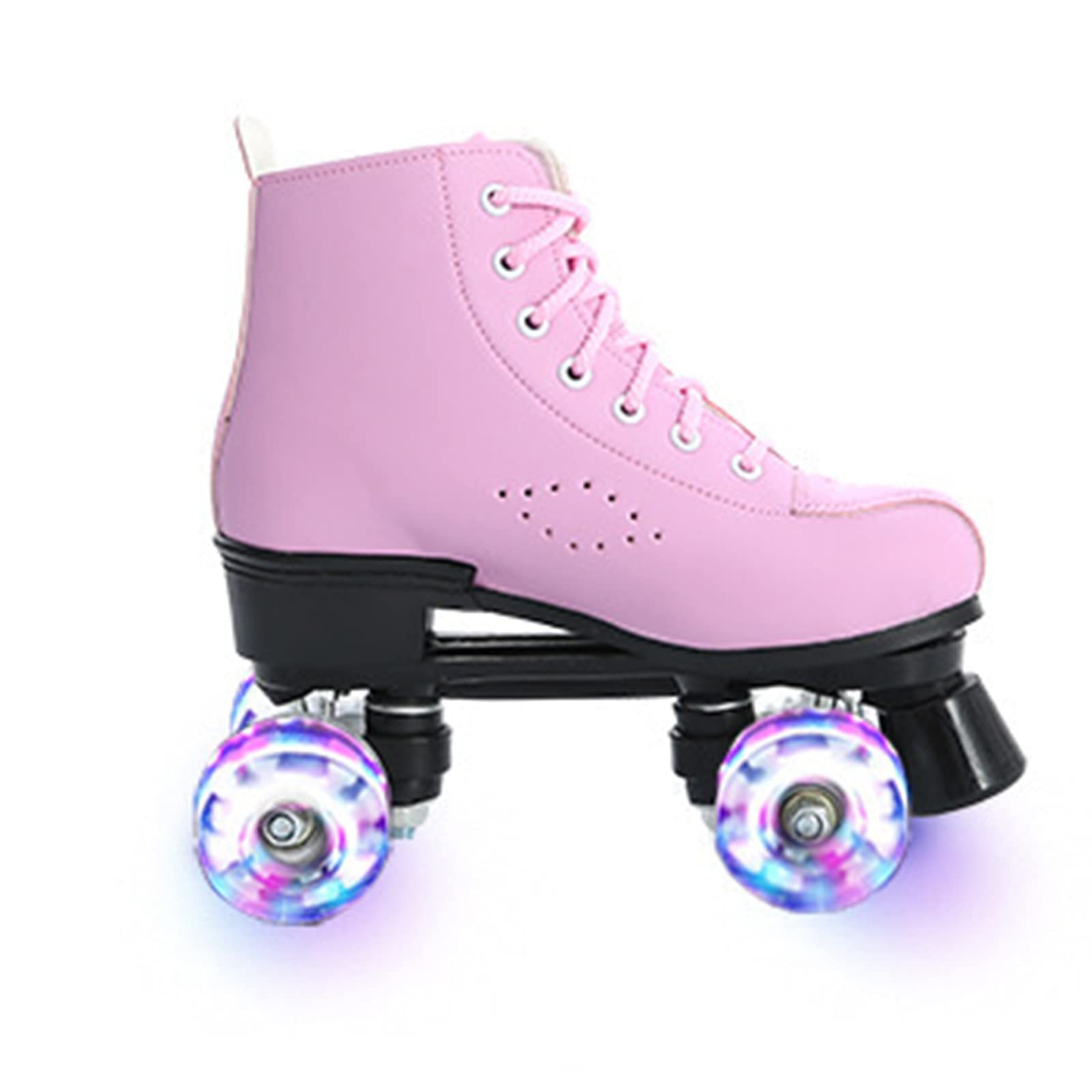Klzzuk Patines Rosas para Mujer, Patines Paralelos Clásicos de Cuero de PU Patines de Dos Hileras de 4 Ruedas con Ruedas de PU Intermitentes, Roller Skates Brillantes para Interiores y Exteriores