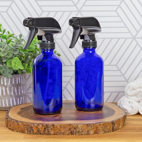 Cornucopia Brands 8-Ounce Cobalt Blue Glass Boston Round Spray Bottles (2 Pack) 3-Setting Heavy Duty Sprayers, Empty Refillable Bottle2