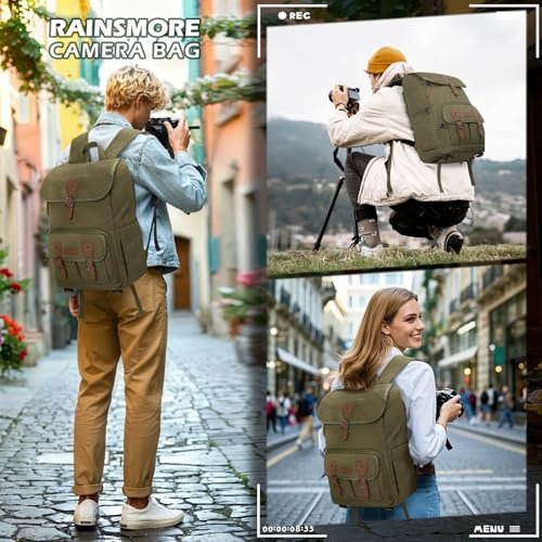 Image of RAINSMORE Camera Backpack, DSLR SLR Mirrorless Camera Bag for Photographer | 15.6 Inch Vintage Canvas Camera Case with Laptop Compartment & Tripod Holder & Rain Cover for Sony Canon Nikon Fujifilm Green