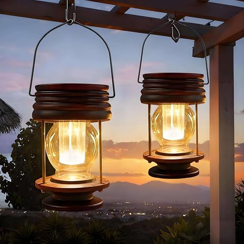 2 Stück Solarlampen für Außen Hängend Vintage Solar Laternen für Draußen Wasserdicht Klein Solarlaterne LED Solarleuchten für Garten Balkon Terrasse als Deko(Warmes Licht)