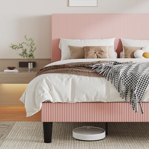Image of Allewie King Bed Frame, Corduroy Tufted Headboard, Light Pink | Soft Corduroy Fabric, Adjustable Headboard, 1000 lb Capacity, Wooden Slats, No Box Spring Needed, Easy Assembly