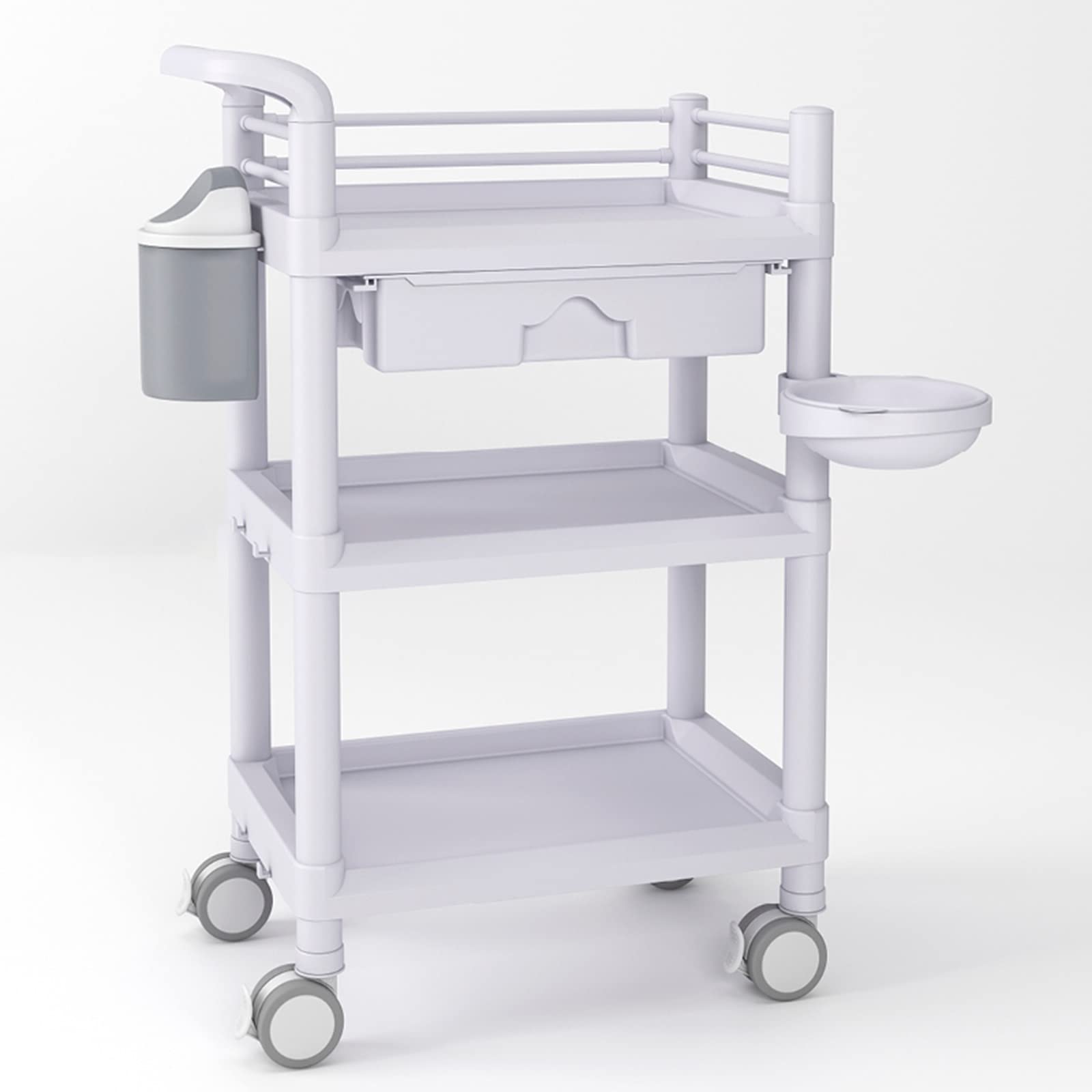Carro Médico con Ruedas, Carrito Utilitario De Almacenamiento con 3 Estantes, Cajones Y 2 Cubos para Basura, Carga Máxima De 150 Kg, Carro Móvil para Ultrasonid(Blanco-Cajón+Lavabo)