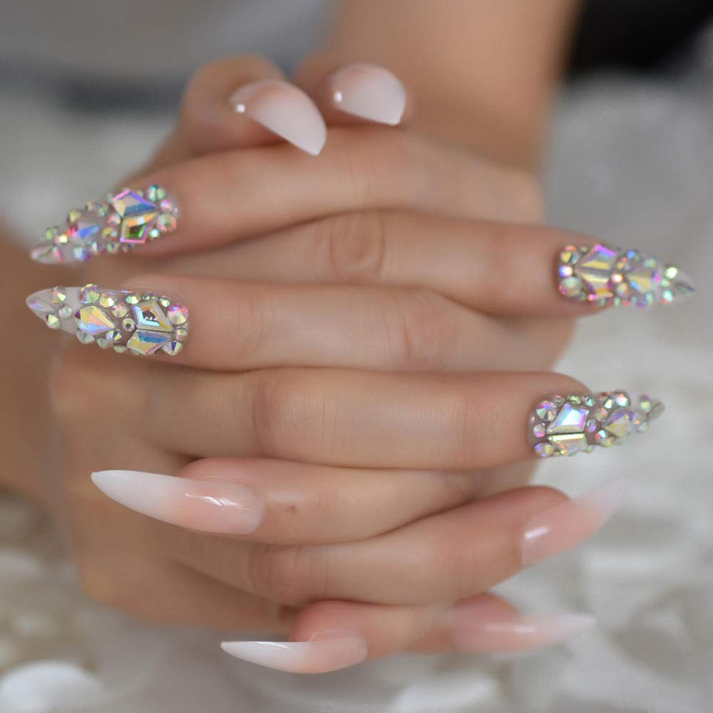 Falsche Nägel Luxus Gefälschte Nägel Designer Extra Lang Ombre Französischer Schmuck Vorgefertigte Nägel Natürliche Stiletto AB Steine Dekorationstipps