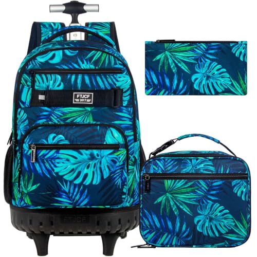 Image of 3Pcs Rolling Backpack for Boys Men, Travel Roller Backpacks with Wheels for Adults, Teens College Leaf Wheeled Bookbag with Lunch Box(Green)