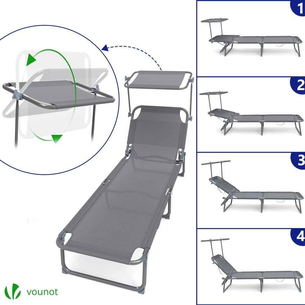 vounot® Lot de 2 Chaise Longue Bain de Soleil avec Pare Soleil Transat Pliable en Textilène avec Parasol Bain De Soleil inclinable en Textilène avec Charge Max 110KG Chaise Longue réglable Gris