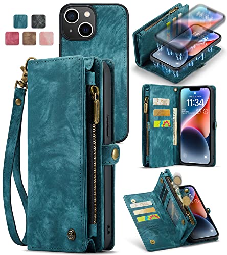 CaseMe for iPhone 14 Case Wallet Case Cover for Women Men Durable 2 in 1 Detachable Premium Leather PU with 8 Card Holder Slots Magnetic Zipper Pouch Flip Lanyard Strap Wristlet 6.1 Inch Blue