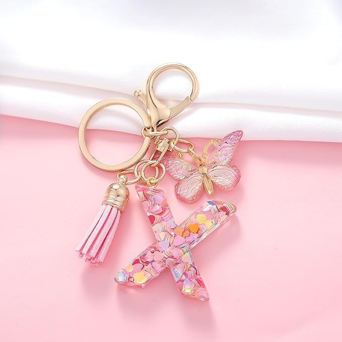 Image of GEOCARTER Lightweight Fashion Initial Letter Key Ring with Butterfly Pendant & Tassel, Stylish Purse Charm for Handbags, Car Keys, Gifts for Girls & Women