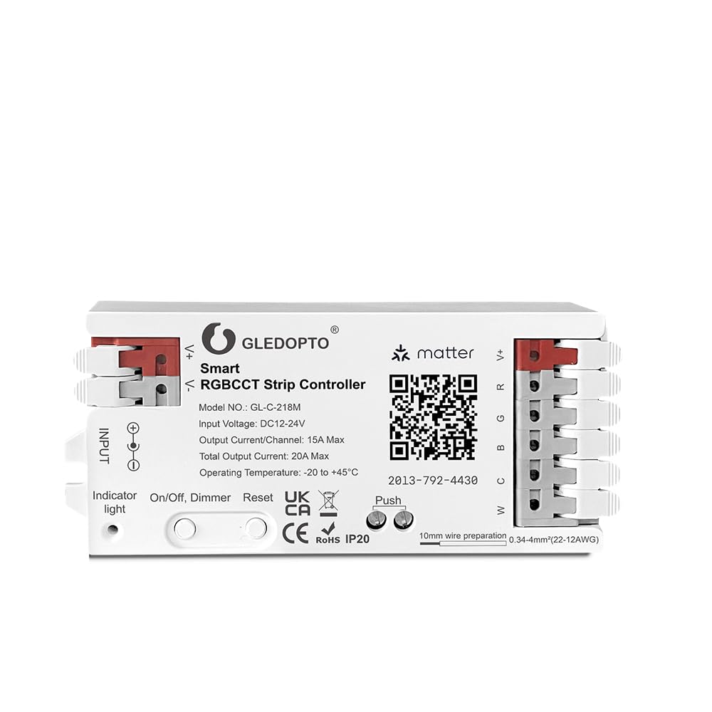 GLEDOPTO Matter WiFi LED Controller for RGBCCT LED Strips, Smart Home Control, 12-24V, Compatible with Apple HomeKit, Alexa, Google Home- GL-C-218M