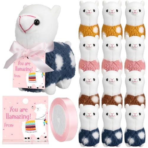 JolliLudo 12 Pcs Mini Llama Stuffed Animals Bulk 4.5 Inch Alpaca Plush Dolls Cute Stuffed Animals with Card Ribbon for Party Favors Valentine's Day Gift Birthday Party Supplies