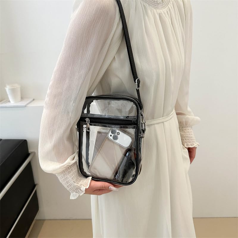 Clear Crossbody Purse with Adjustable Black Strap - 5.9in*7.9in PVC, Easy-Clean, Stylish Accessory with Front Zip Pocket, Crossbody Bag