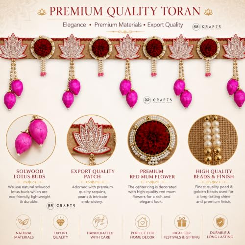 Image of Lotus Toran for Door | Pink Floral Beaded Door Hanging & Wall Decor | Toran for Pooja Mandir, Festivals, Weddings & Home | 38 Inches