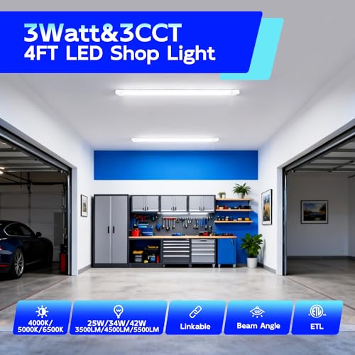 Image of hykolity 4FT LED Shop Light with Reflector,5500LM,3 Power Level&3CCT | 4000 /5000 /6500K Tunable,25 /34 /42W Switchable,Hanging or Surface Mount 4 foot Led Shop Light for Garage,Workshop,2 Pack