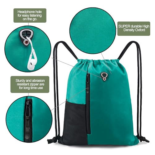 Image of BeeGreen Marrs Green Drawstring Backpack Gym Bag For Men & Women - Sports Sackpack with Mesh Water Bottle Holder & 2 Zippered Pockets - Large 16x20 Inch Cinch String Backpack