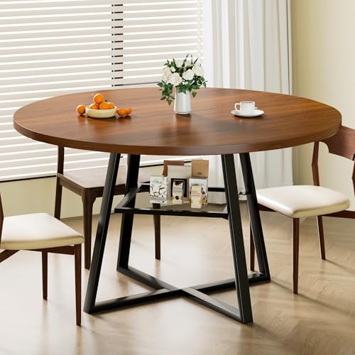 Image of 47 Inch Round Dining Table for 4-6, Space Saving Circle Kitchen Table with Storage, Mid Century Modern Dinner Table with Metal Legs, Wooden Farmhouse Dining Room Table for Living Room, Walnut