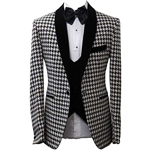 Mens Houndstooth Dogstooth Shawl Lapel Slim Fit Prom Wedding Tuxedo Blazer Jacket Coat