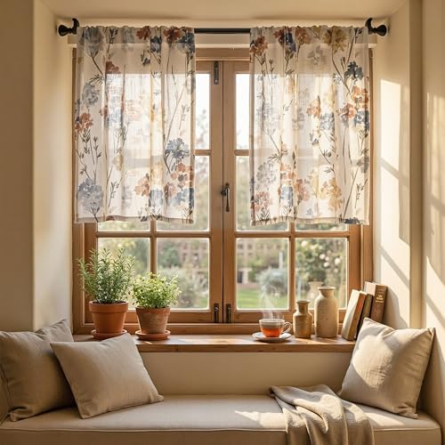 Image of MYSKY HOME Floral Linen Kitchen Tier Curtains 24 Inch Length 2 Panels Farmhouse Semi Sheer Privacy Small Window Treatments Rod Pocket for Bathroom Basement, Yellow, 30 inch Wide