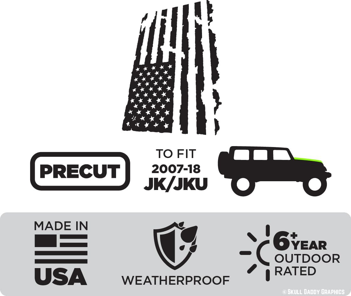 Skull Daddy Graphics Distressed USA Flag Hood Decal Sticker to fit Jeep Wrangler JK JKU 2007-2018 (Matte Black)