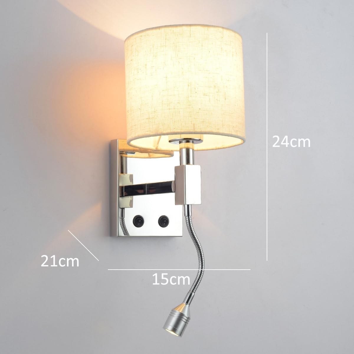 Lámparas de Pared para Dormitorio, cromadas con Pantalla de Tela, 2 Luces con luz de Lectura Ajustable, lámpara de mesita de Noche con cableado Fijo para Dormitorio y Sala de Estar