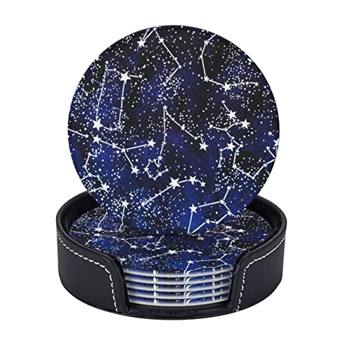 Glow In The Dark Printed Coasters Set Of 6, Pu Leather Round Coasters With Holder, Drinking Coasters Coffee Cup Mat For Bar Kitchen Home #TOP3