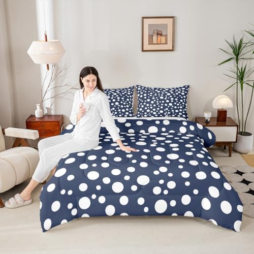 Manfei White Polka Dots Comforter Set Toddler Size 2 Pcs,French Style Cute Dots Print Bedding Set,Geometric Circles Navy White Simple Quilt Set for Child Bedroom,1 Pillowcase