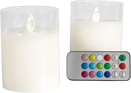 LumaBase Velas LED de cristal a pilas con llama parpadeante y control remoto, multifunción, juego de 2
