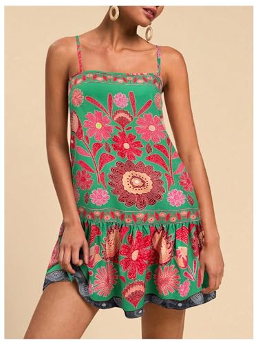 Image of RoseSeek Women's Floral Boho Flowy Mini Cami Dress Ruffle Hem Spaghetti Strap Vacation Tank Dresses