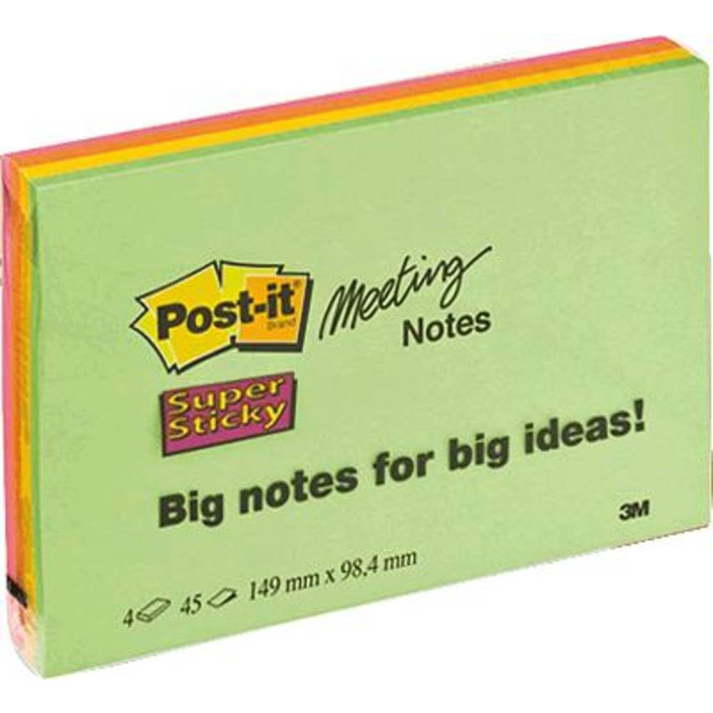 Post-it Super Sticky Large Notes, Pack of 4 Pads, 45 Sheets per Pad, 152 mm x 101 mm, Green, Yellow, Orange, Pink Colors - Large Extra Sticky Notes for Note Taking, to Do Lists & Reminders