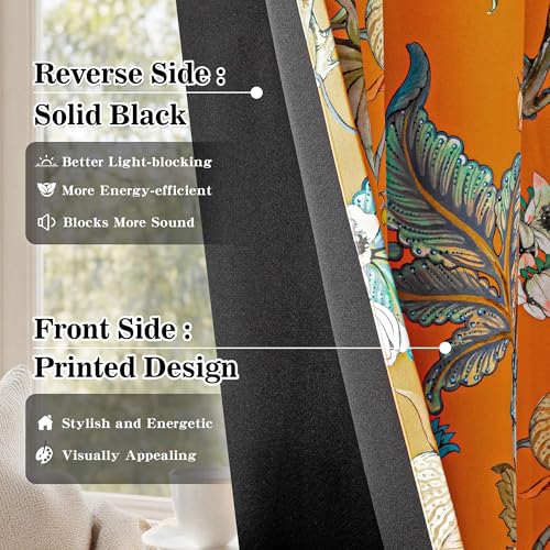 Image of MYSKY HOME Orange Floral 95% Blackout Curtains 54 Inches Long for Small Window Thermal Insulated Light Blocking Drapes Grommet Country Coquette Window Panels, 2 Pcs, 52 inch Wide