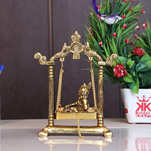 KridayKraft Laddu Gopal on Jhulla Palana Metal Statue Gold Plated Decor Your Home,Office Metal Krishna Murti,Showpiece Figurines,Religious Idol Gift Article.