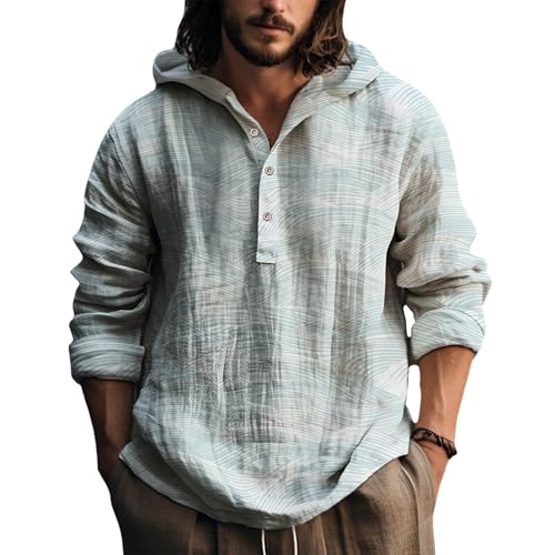 Mens Graphic Hoodies Japanese Art Style Henley Sweatshirt Hooded Button Down Oversized Long Sleeve Hoodie Shirts