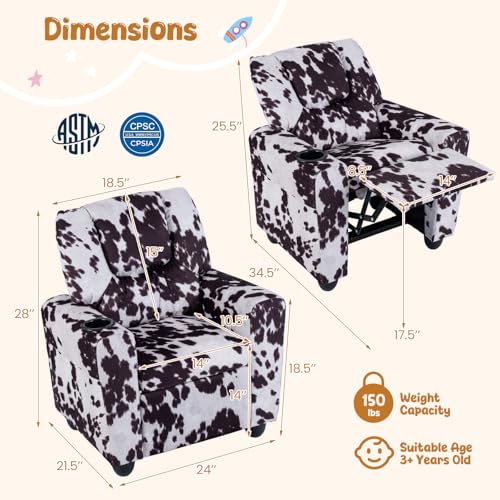 Image of HONEY JOY Kids Recliner, 2-in-1 Toddler Armrest Sofa Couch with Cup Holders, Adjustable Footrest, Velvet Fabric, Child-Size Recliner Chair for Boys Girls Age 3+ (Zebra Color)