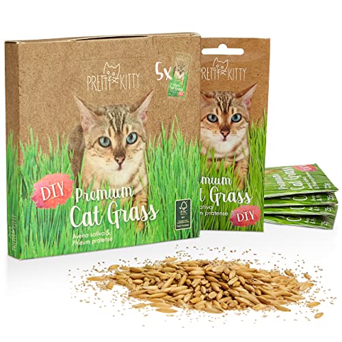 PRETTY KITTY Mélange de Graines d'herbe à Chat Premium:5 sachets de 25g de Graines d'herbe à Chat pour 50 Pots d'herbe à Chat prête à l'emploi Cover